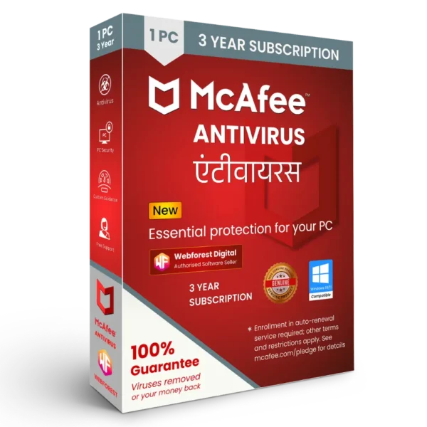 McAfee Antivirus 1 User For 3 Years Protection - Webforest Digital