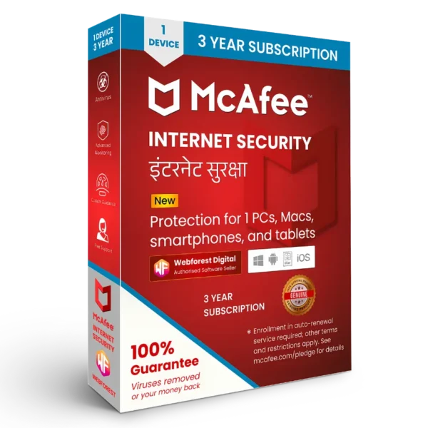 McAfee Internet Security 1 Device for 3 Year Protection - Webforest Digital