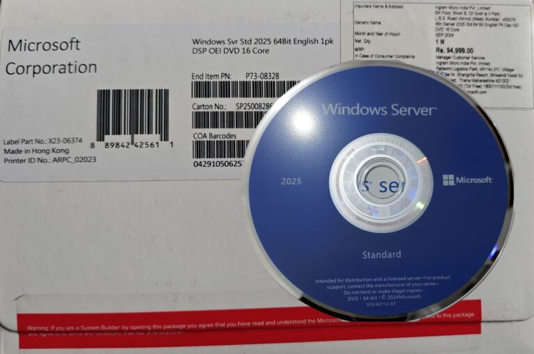 Windows Server 2025 Standard 64Bit 16 Core OEM Pack With Installation Dvd & Licence Key